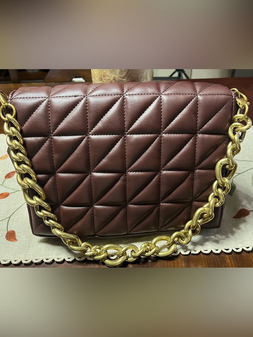 Zara Quilted Brown Shoulder Bag with Gold Chain Strap